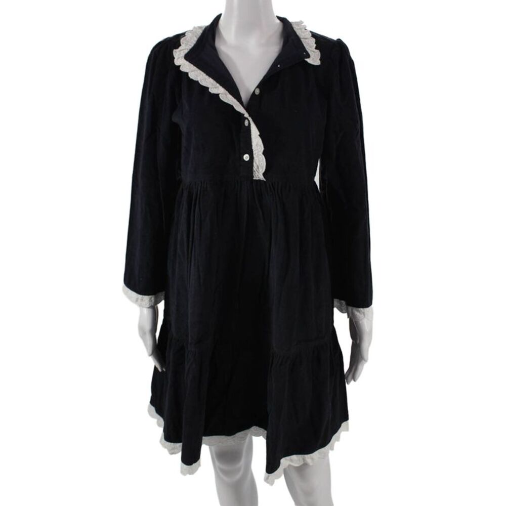 Madison Mathews Women Corduroy A-Line Collared Short Black Cotton Dress Button S